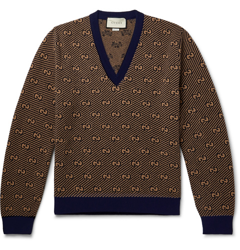 Gucci Brown GG Stripe Wool V-Neck Sweater
