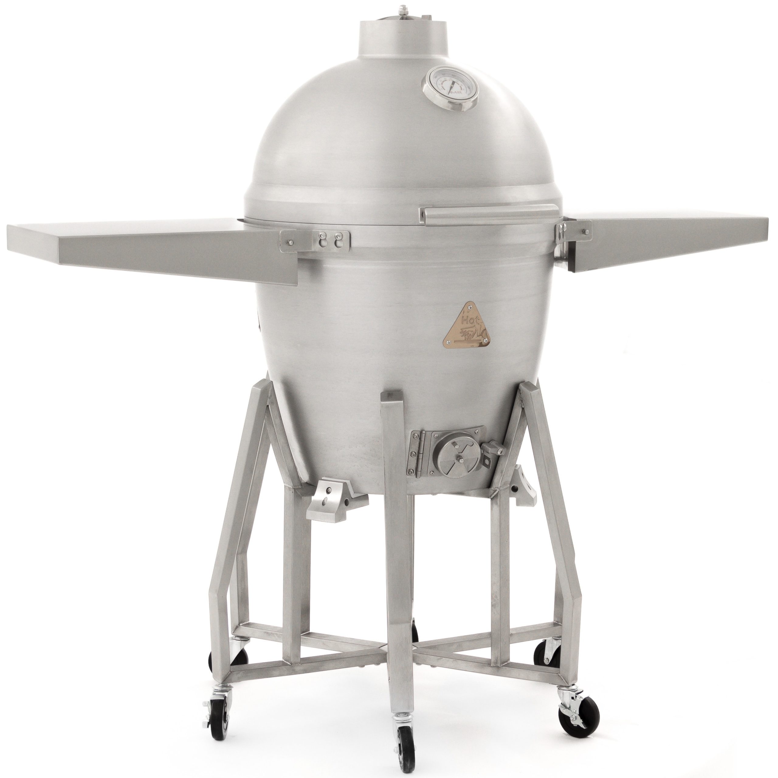 blaze 20-inch cast aluminum kamado grill with stainless steel cart and round shelf on leo edit