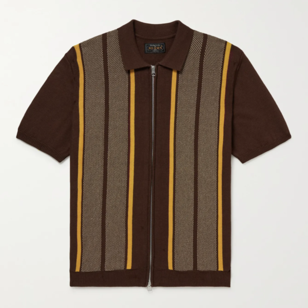 Beams Plus Slim-Fit Striped Cotton and Linen-Blend Zip-Up Polo Shirt