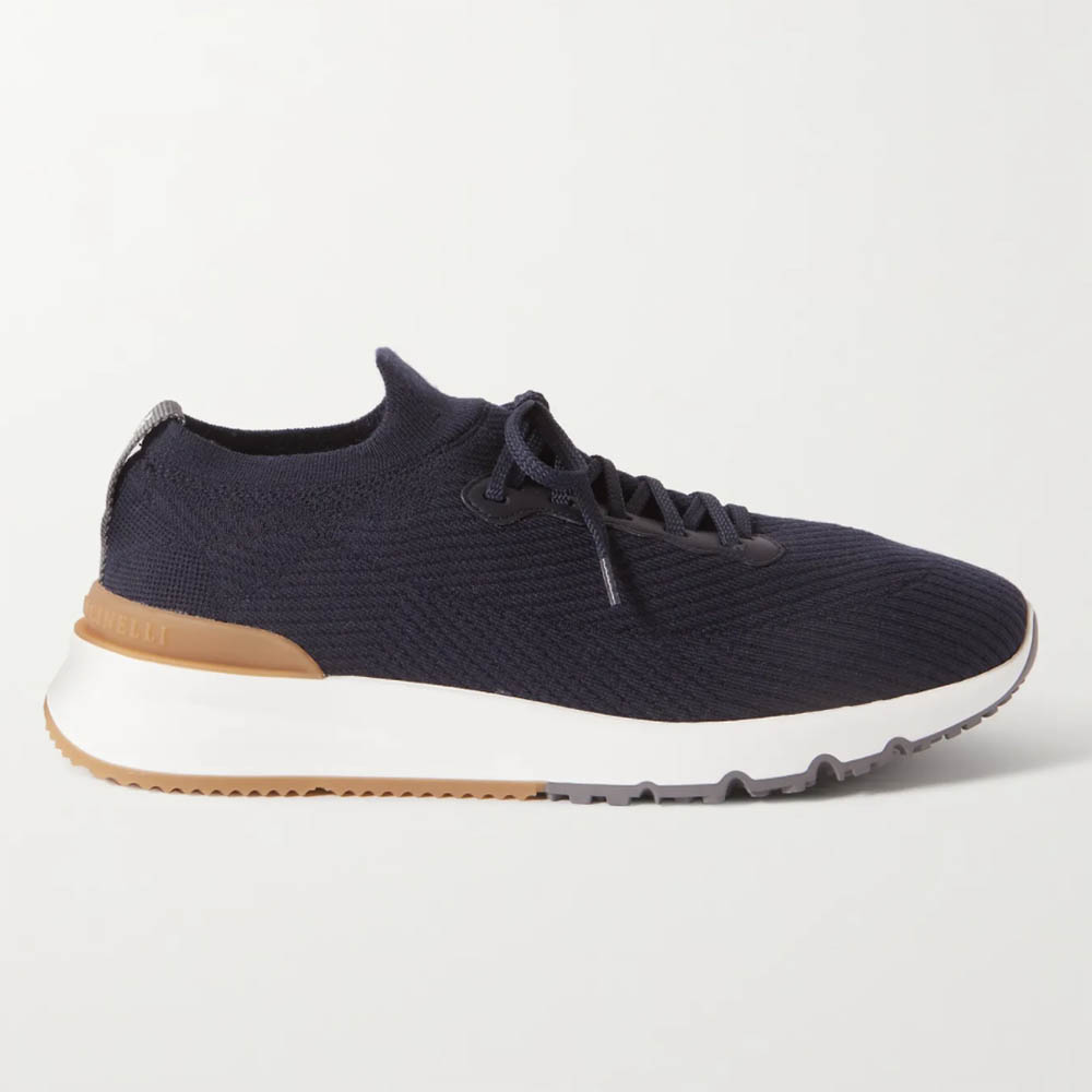 Brunello Cucinelli Leather-Trimmed Stretch-Knit Sneakers - Leo Edit