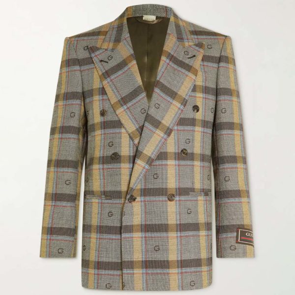 Gucci Double-Breasted Checked Wool Suit Jacket